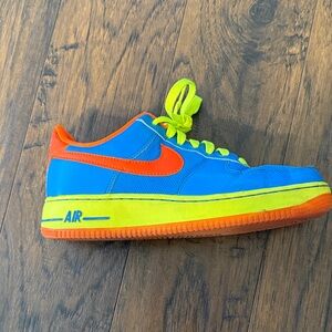 Nike BG Air Force One Blue and Orange Sneakers with Neon Laces